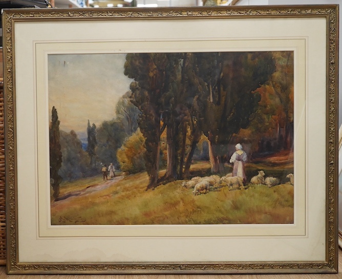 Alexander Wallace Rimington (1854-1918), watercolour, Shepherdess in a landscape, signed, 43 x 63cm, ornate gilt framed. Condition - fair